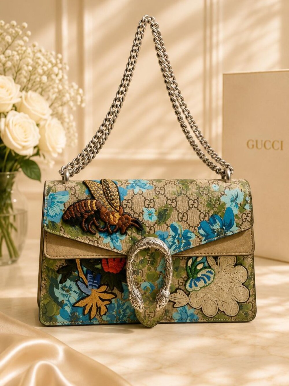Authentic Gucci Dionysus Blooms GG Supreme Chain Shoulder Bag